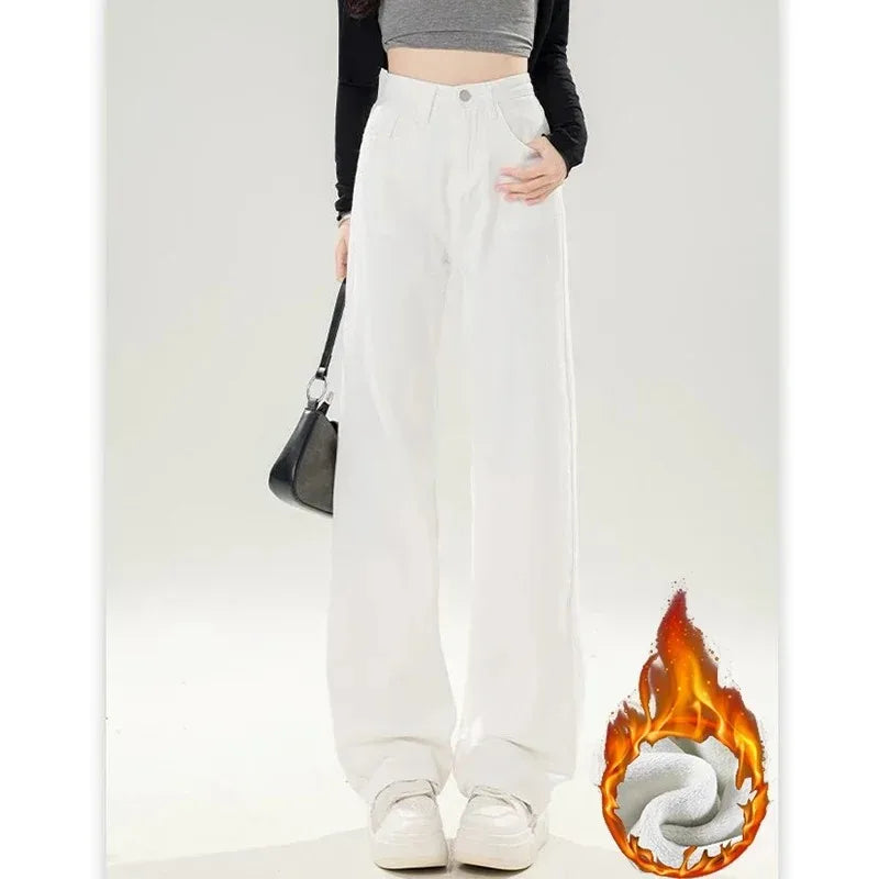 Jean droit thermique en polaire coréenne pour femme et fille, pantalon en Denim, chaud et décontracté, taille haute, jambes amples, pour tous les jours, hiver