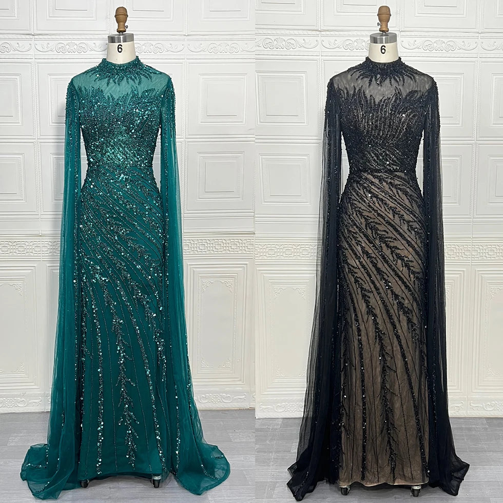 Robes de soirée de luxe sirène à manches cape perlées et col montant, collection 2025 à Dubaï, pour femmes, mariages et autres occasions spéciales