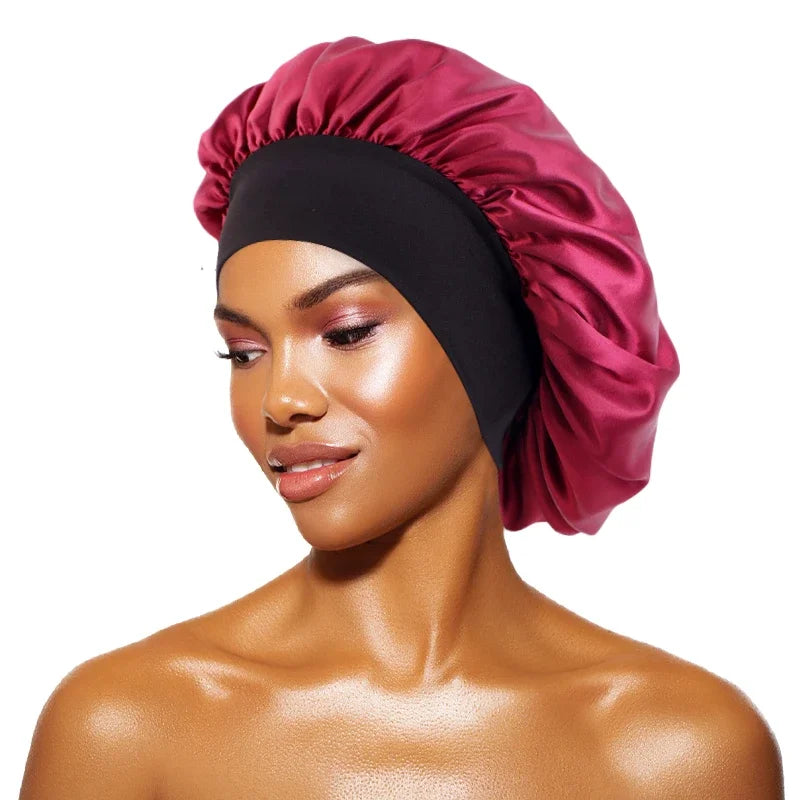 Bonnets solides en Satin pour femmes, Bonnet de bain à larges bords pour dormir la nuit, unisexe, bandeau élastique, Bonnet de soins capillaires