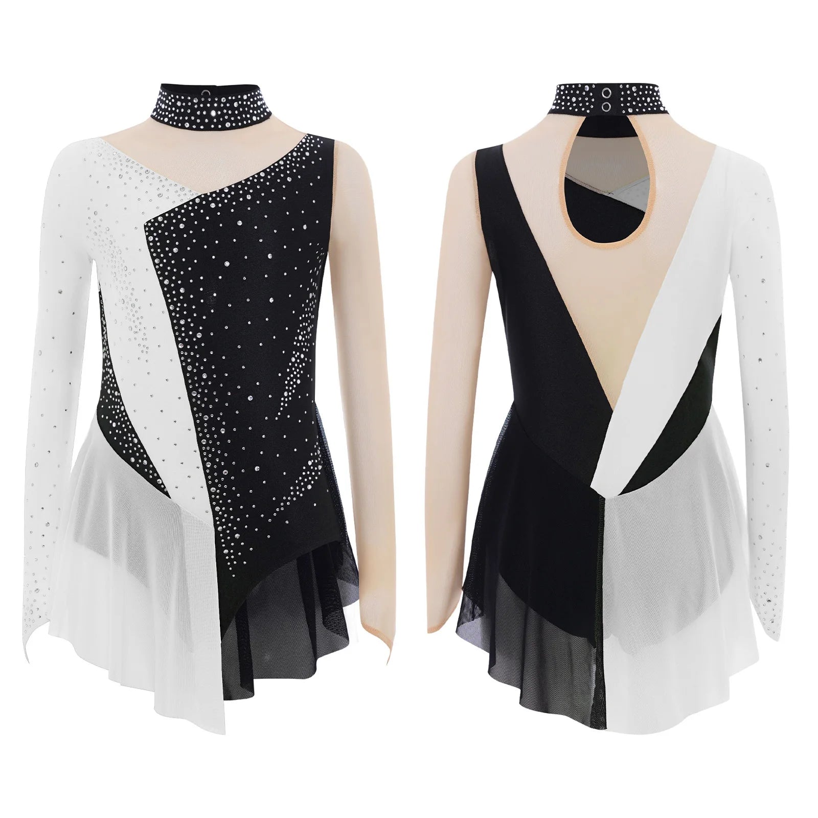 Robe de patinage artistique pour enfants filles, manches longues, strass, maille transparente, body de gymnastique, danse lyrique, Ballet, acrobatie, justaucorps
