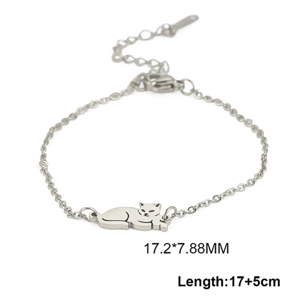 Bracelet Lucktune Chat Mignon en Acier Inoxydable avec Pendentif Animal et Chaîne à Perles - Bijou Tendance Kpop pour Femmes et Hommes - Cadeau Couple
