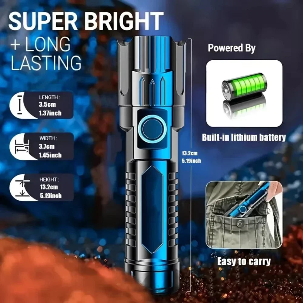 Lampe de poche LED puissante avec affichage de batterie, Rechargeable par USB, Zoom télescopique, torche, lanterne pour Camping en plein air, pêche, 9900lm