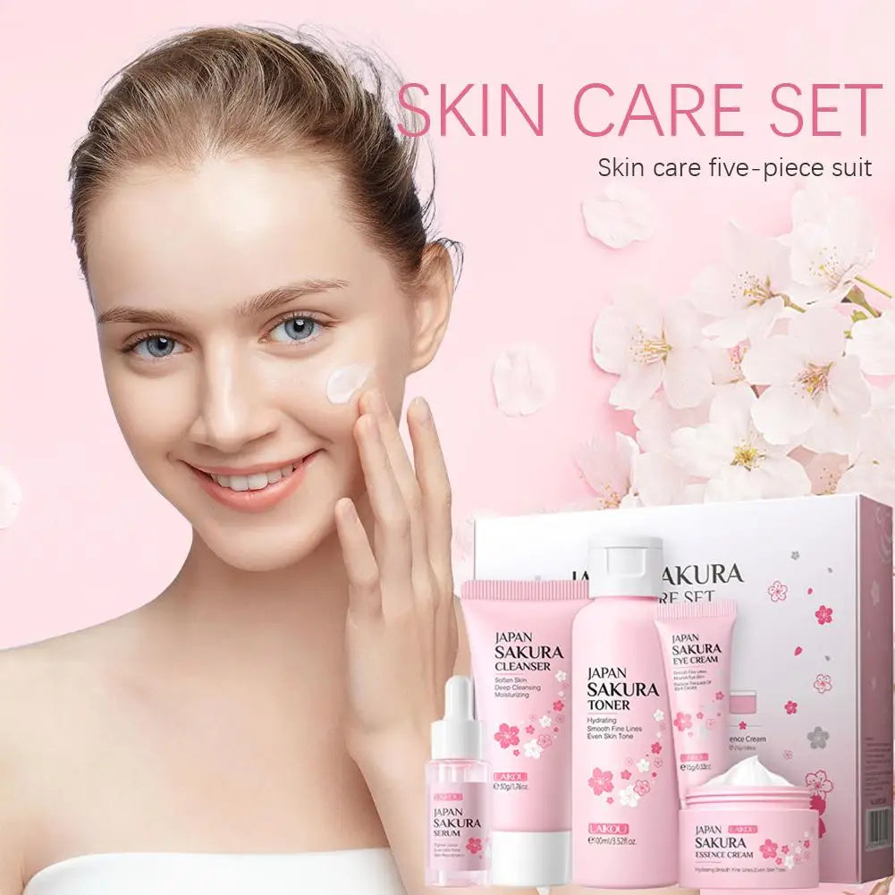 Coffret cadeau Sakura pour le soin du visage (5/3 pièces) : crème, sérum, lotion tonique, nettoyant visage, protection solaire, contour des yeux