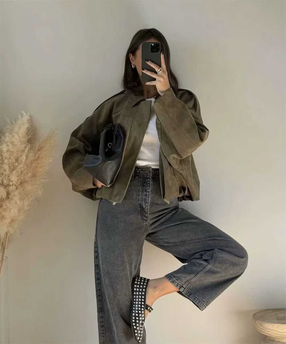 Vestes bombers élégantes pour femmes, style militaire, col rabattu, manches longues, coupe ample, vêtements d'extérieur vintage, hauts chics