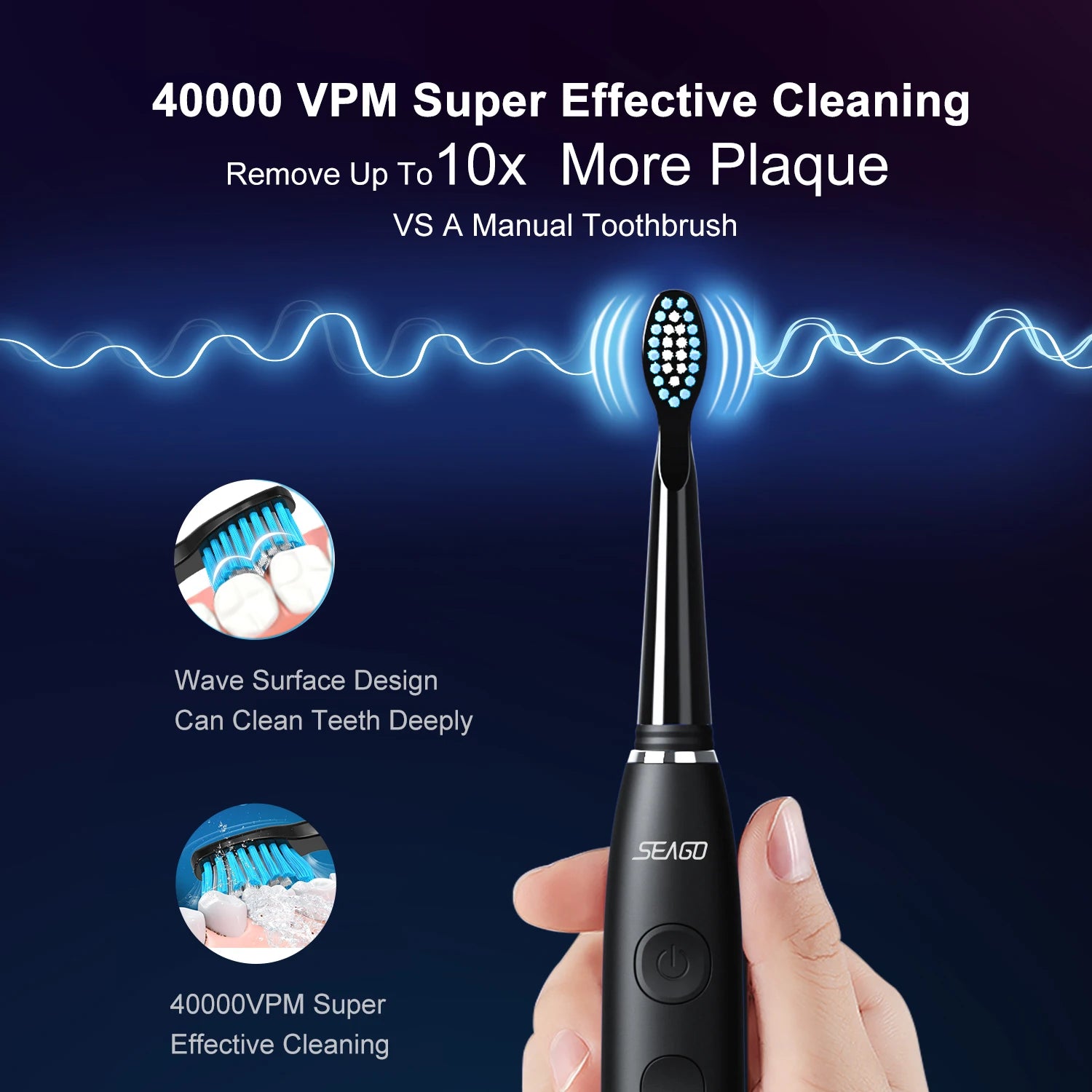 Seago Electric Toothbrush USB Rechargeable Adult 360 Days Long Battery Life IPX7 4 Replacement Heads Travel Box  SG-575