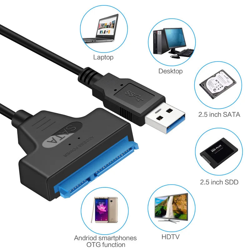 Câble SATA vers USB 3.0/2.0 jusqu'à 6 Gbit/s pour disque dur externe SSD de 2,5 pouces, adaptateur SATA 3 22 broches, cordon USB 3.0 vers Sata III