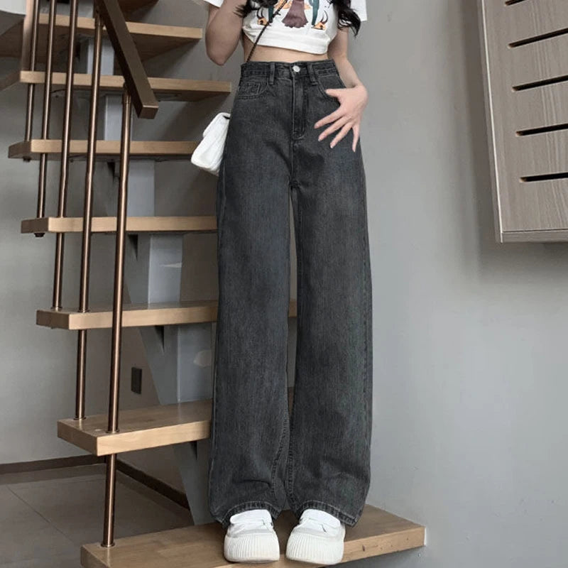 Jean Vintage à jambes larges pour filles, pantalon taille haute, mode féminine, noir, gris, rétro, bleu clair, rose, Denim