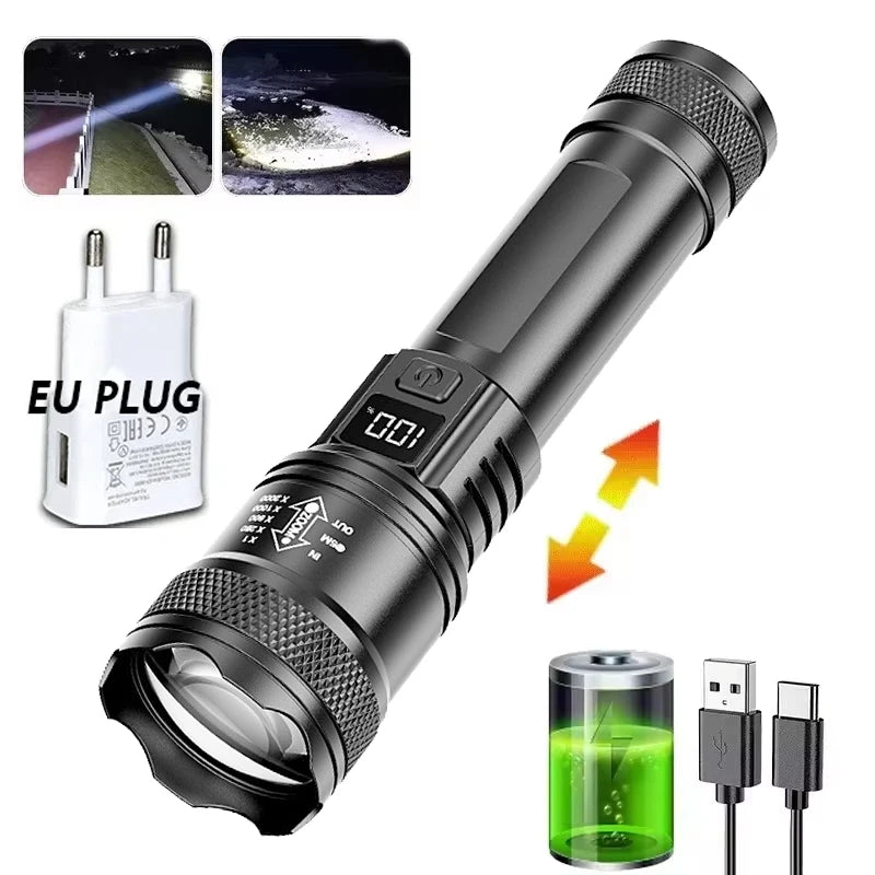 Lampe de poche LED puissante avec affichage de batterie, Rechargeable par USB, Zoom télescopique, torche, lanterne pour Camping en plein air, pêche, 9900lm