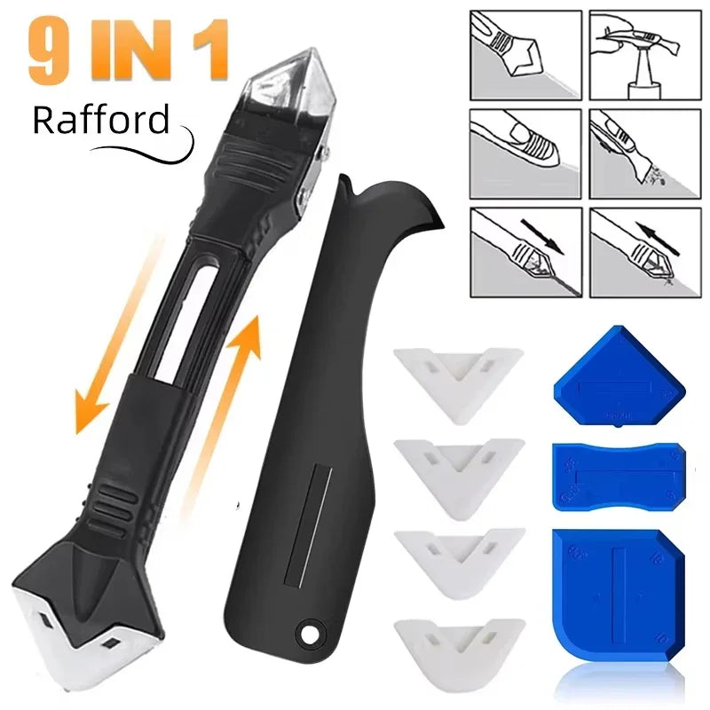 Kit d'outils de colle pour pelle à tête métallique 5 en 1 : spatule en silicone, dissolvant de calfeutrage, retrait de coulis, finition de mastic et déchets de coin