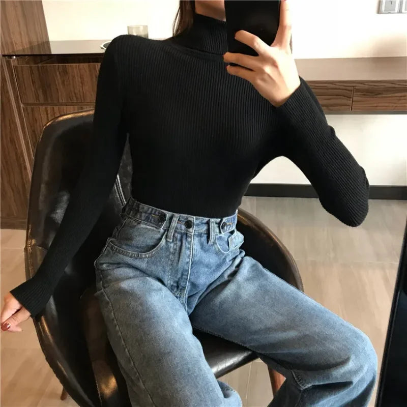 Pull épais tricoté côtelé pour Femme, Pull à manches longues, col roulé, Slim, doux et chaud, collection automne hiver 2024