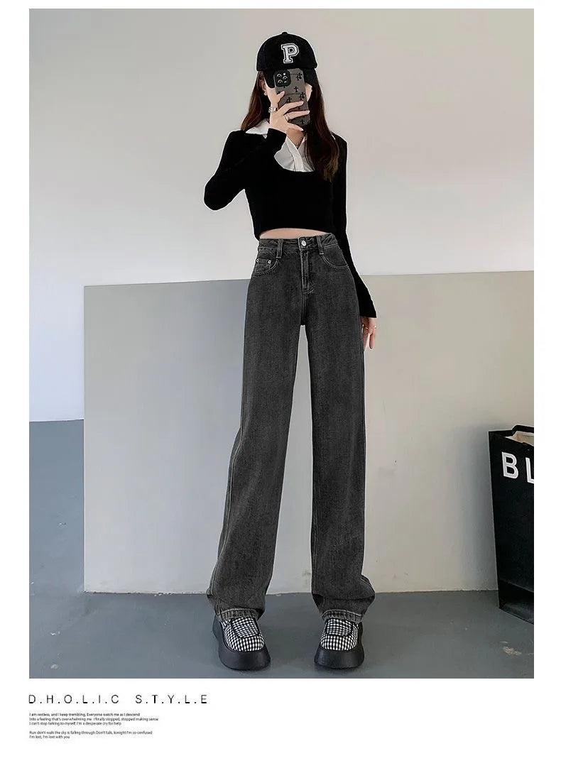 Jeans basiques pour femmes, taille haute, jambes larges, polyvalents et décontractés, nouveaux Styles d'automne et d'hiver adaptés à toutes les saisons