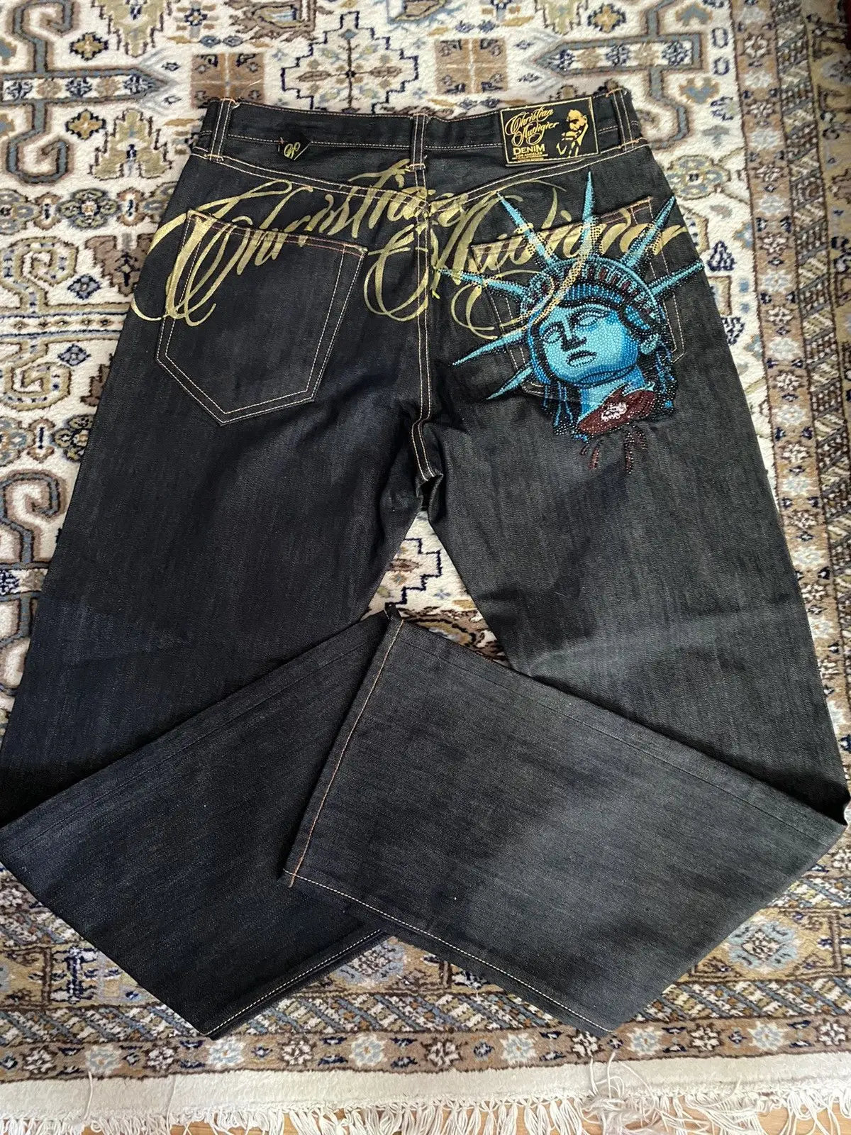Vintage Statue de la liberté diamants jean pantalon en denim décontracté taille haute droite jambe large jean Harajuku Y2k années 2000 vêtements pour femmes