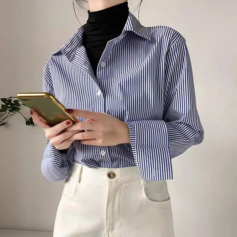 Classique Rayé Femme Printemps Automne Blouses Chemise Dame Longue Lanterne Manches Col Montant Lâche Haut Blouse