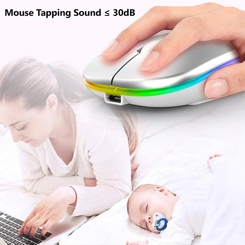 Souris sans fil pour ordinateur portable PC, Bluetooth RGB rechargeable, souris sans fil silencieuse avec rétroéclairage LED, souris ergonomique pour le jeu