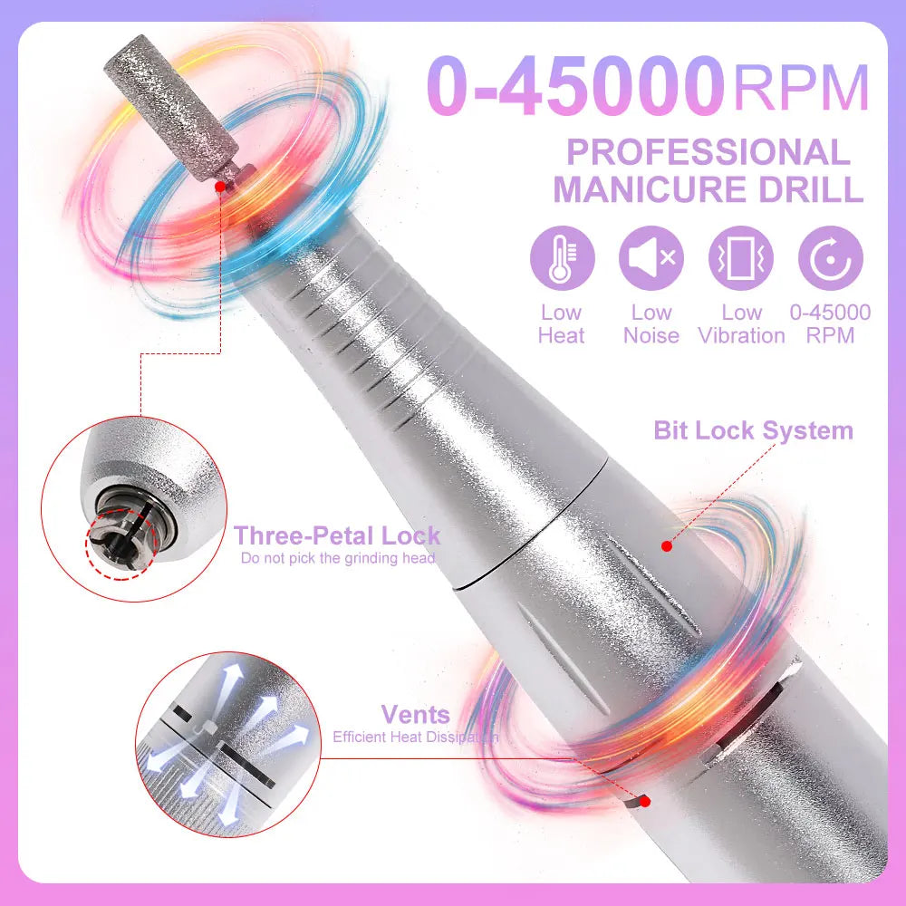 Ponceuse à ongles rechargeable 45 000 tr/min avec écran LCD, faible niveau sonore, ponceuse à ongles professionnelle et kit d'accessoires pour ongles