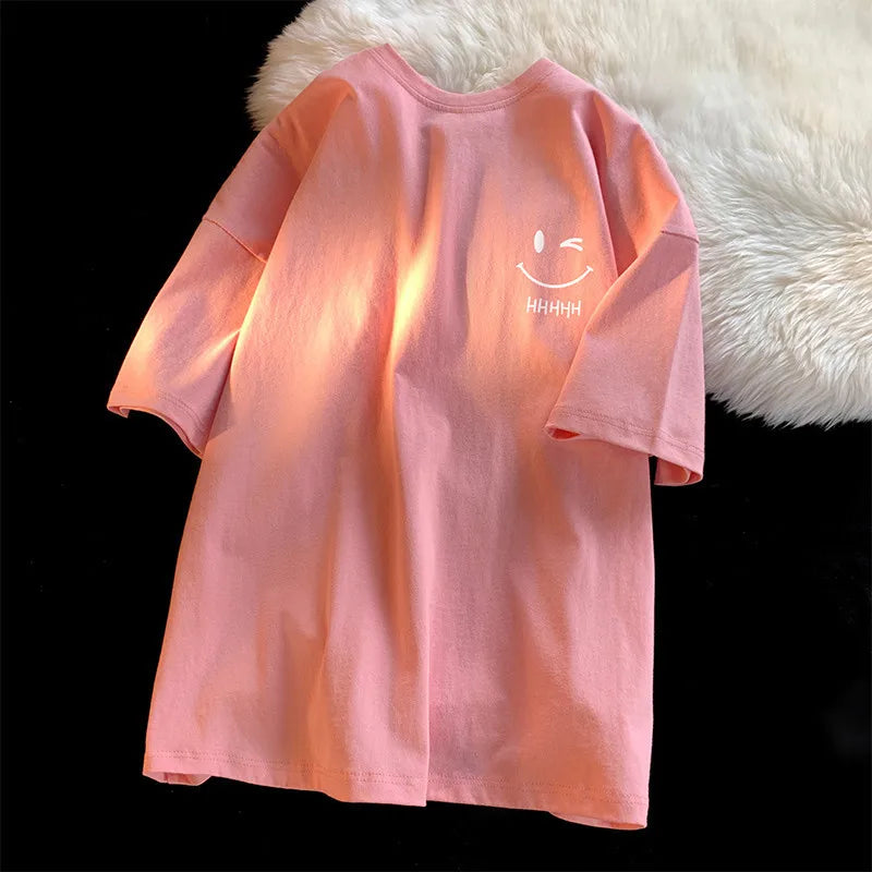 T-shirt manches courtes pour hommes et femmes, visage souriant, drôle, mode Couple, américain, basique, Simple, surdimensionné, ample, pull pour garçons