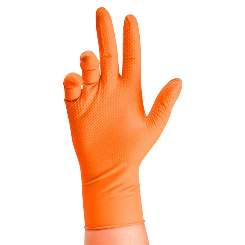 Gants jetables industriels en nitrile orange résistant 8 mil avec grip texturé en losange pour la sécurité des mécaniciens et le travail