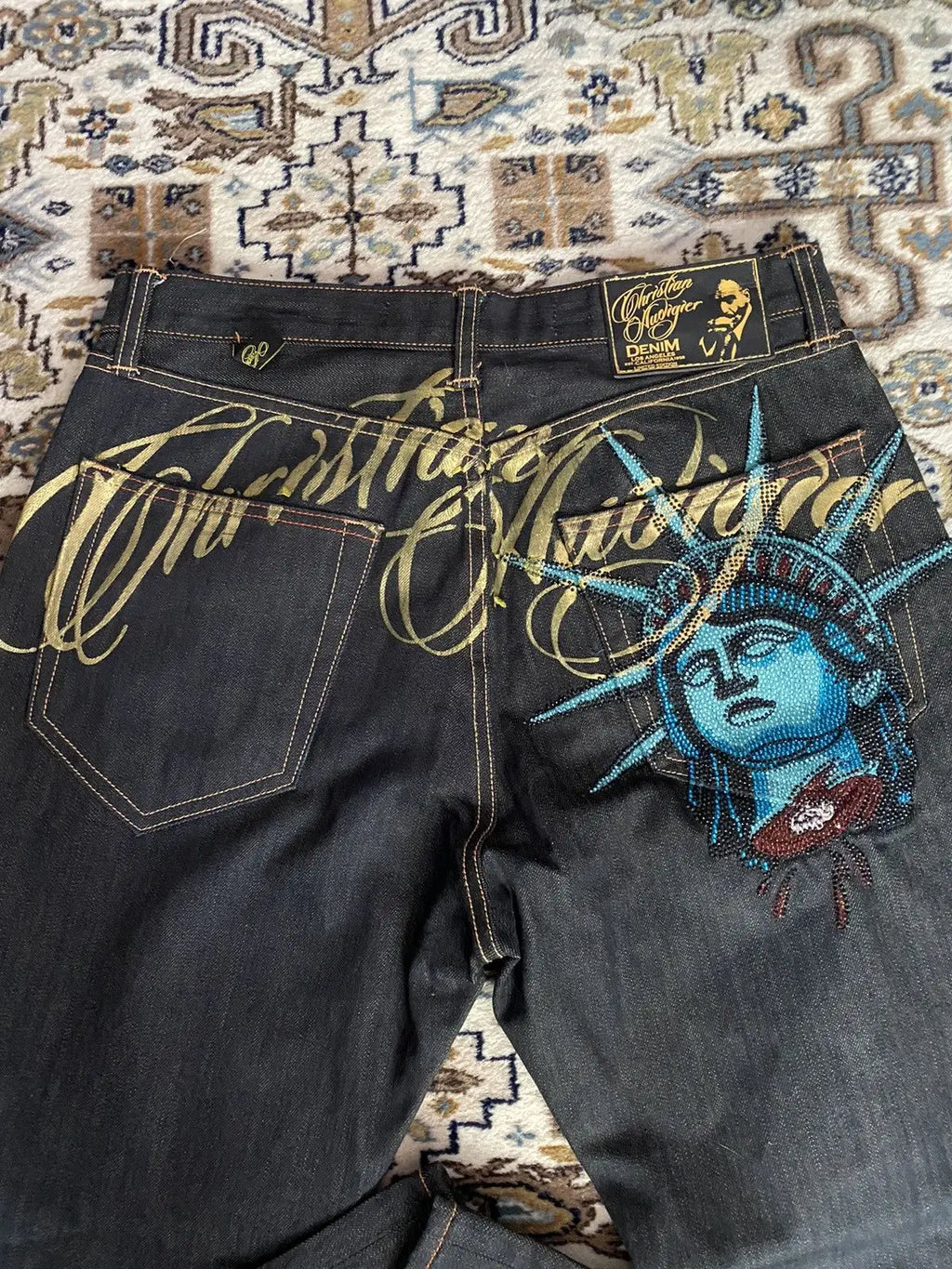 Vintage Statue de la liberté diamants jean pantalon en denim décontracté taille haute droite jambe large jean Harajuku Y2k années 2000 vêtements pour femmes