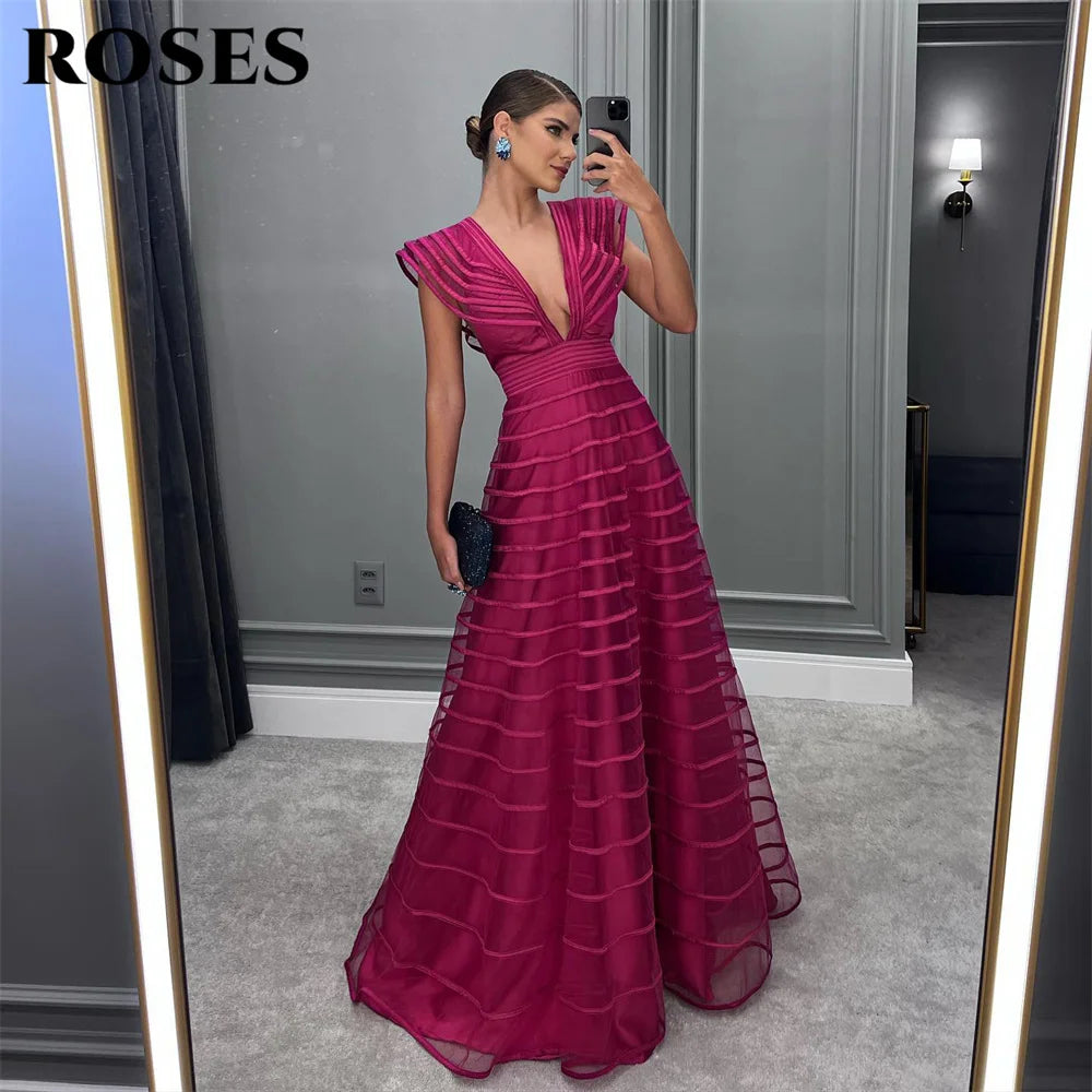 ROSES Robe de bal fuchsia trapèze plissée sans manches pour femme, décolleté en V profond, robe de soirée de mariage, robe de bal personnalisée