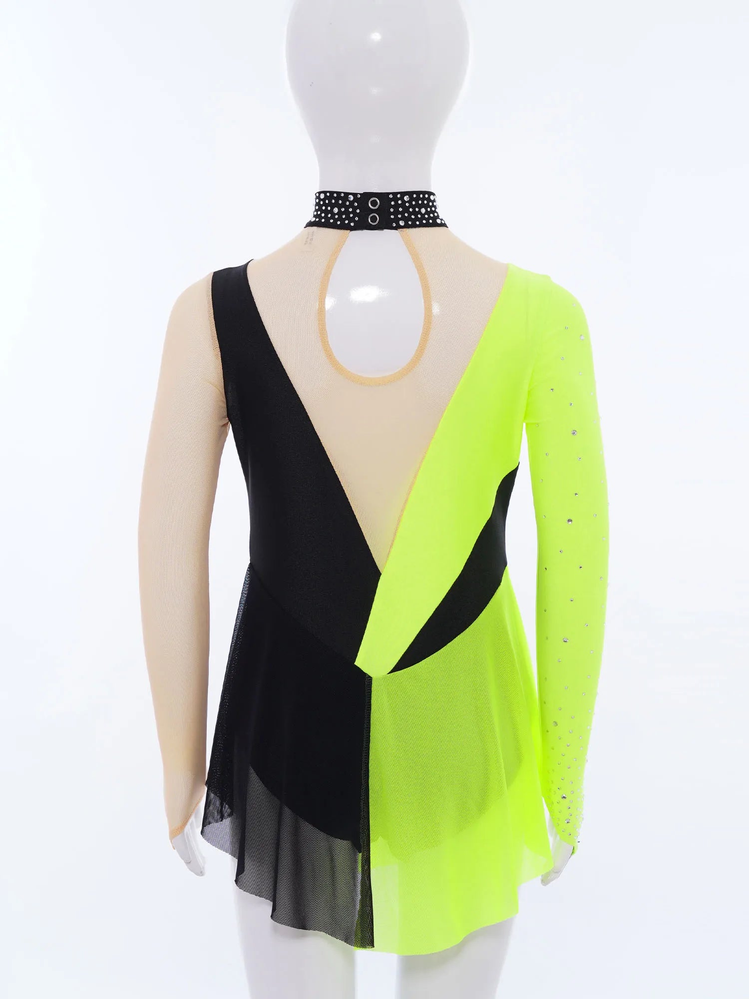 Robe de patinage artistique pour enfants filles, manches longues, strass, maille transparente, body de gymnastique, danse lyrique, Ballet, acrobatie, justaucorps