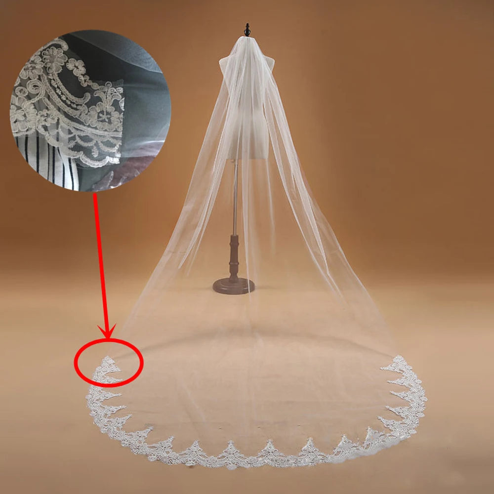 Voile de mariée 3M une couche bordée de dentelle blanc ivoire style cathédrale, long voile de mariée, accessoires de mariage pas chers