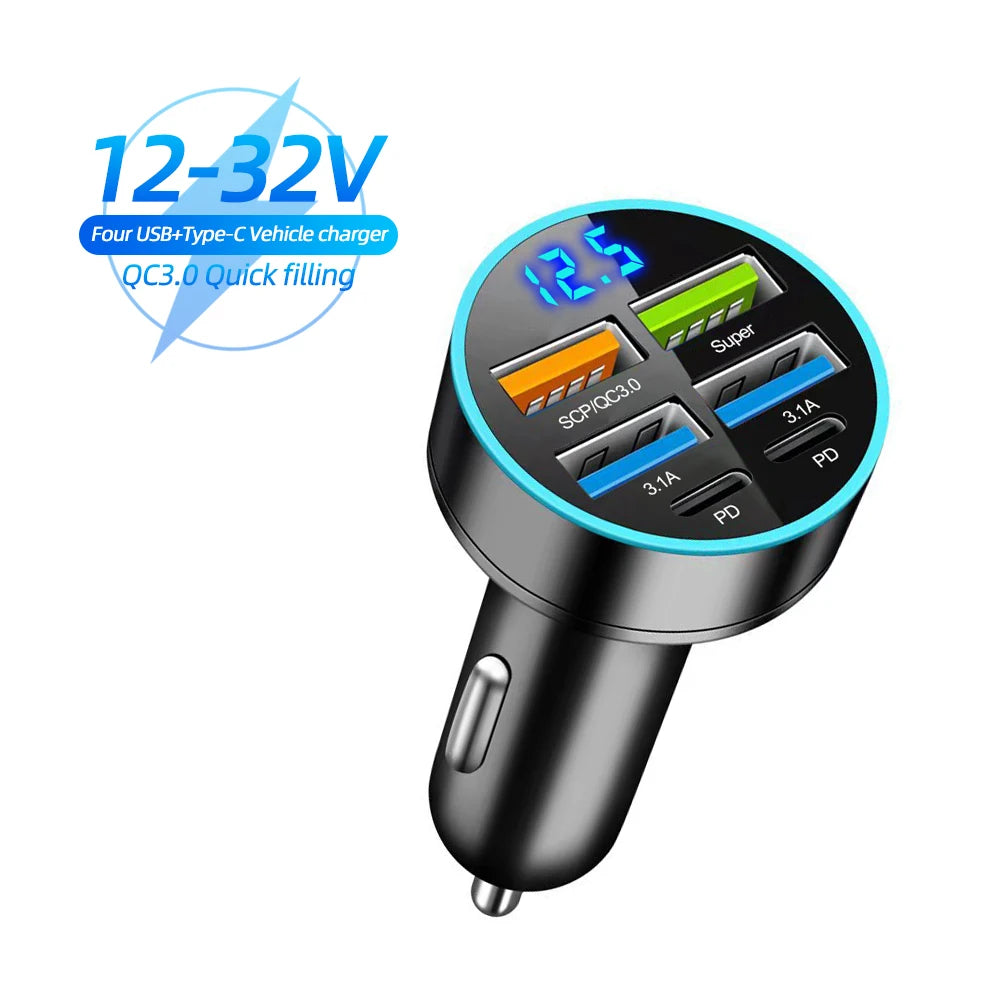 Chargeur de voiture 250 W à 5 ports, charge rapide PD QC3.0, adaptateur secteur USB-C pour iPhone, Samsung, Huawei et Xiaomi. Compatible avec les tensions indiquées