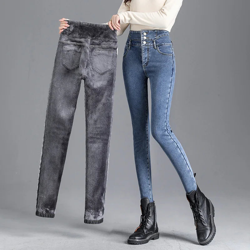 Thermique Hiver Épais Polaire taille Haute Chaud Skinny Jeans Épais Femmes Bouton Extensible Crayon Pantalon Maman Décontracté Velours Jeans