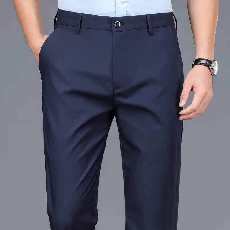 Pantalon homme stretch noir uni, coupe droite, style coréen, séchage rapide, idéal pour le bureau ou le printemps/automne