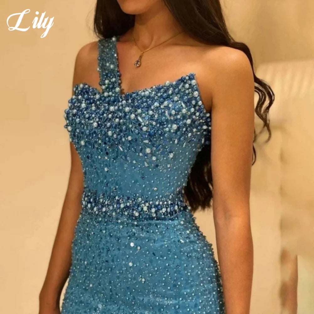 Robe de bal Lily Blue somptueuse ornée de strass, robe de soirée asymétrique sans manches, perles et sequins, robe sirène sur mesure