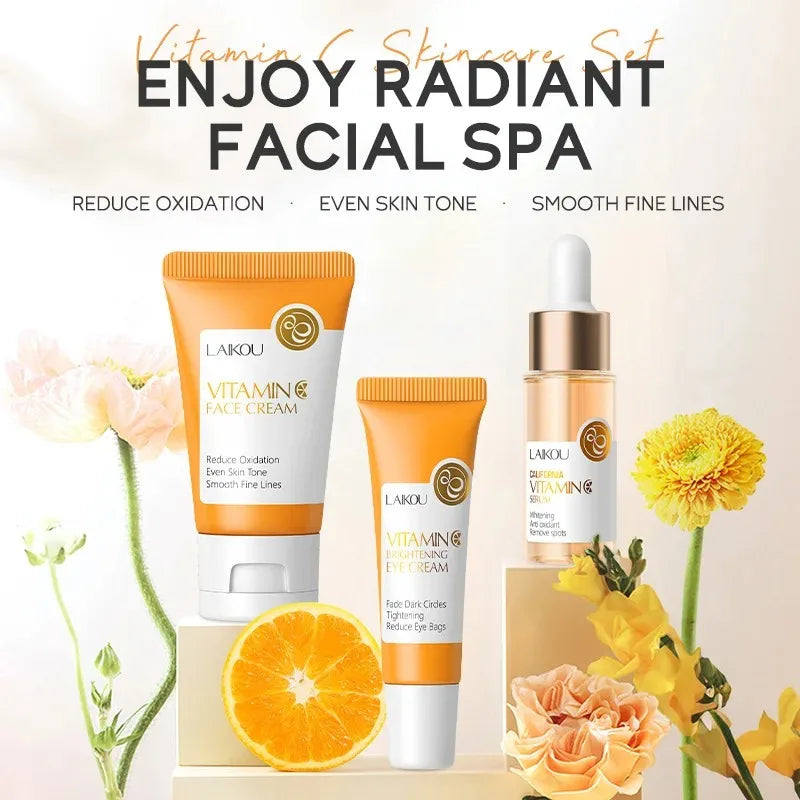 3pcs/set LAIKOU Ensemble de soins de la peau Vitamin C Sakura Essence d’escargot Sérum & Crème pour les yeux et le visage Hydratant Taille de voyage Ensemble de soins de la peau