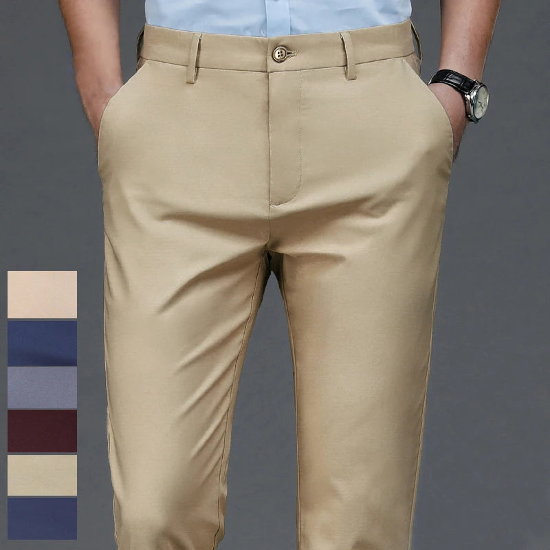 Pantalon homme stretch noir uni, coupe droite, style coréen, séchage rapide, idéal pour le bureau ou le printemps/automne