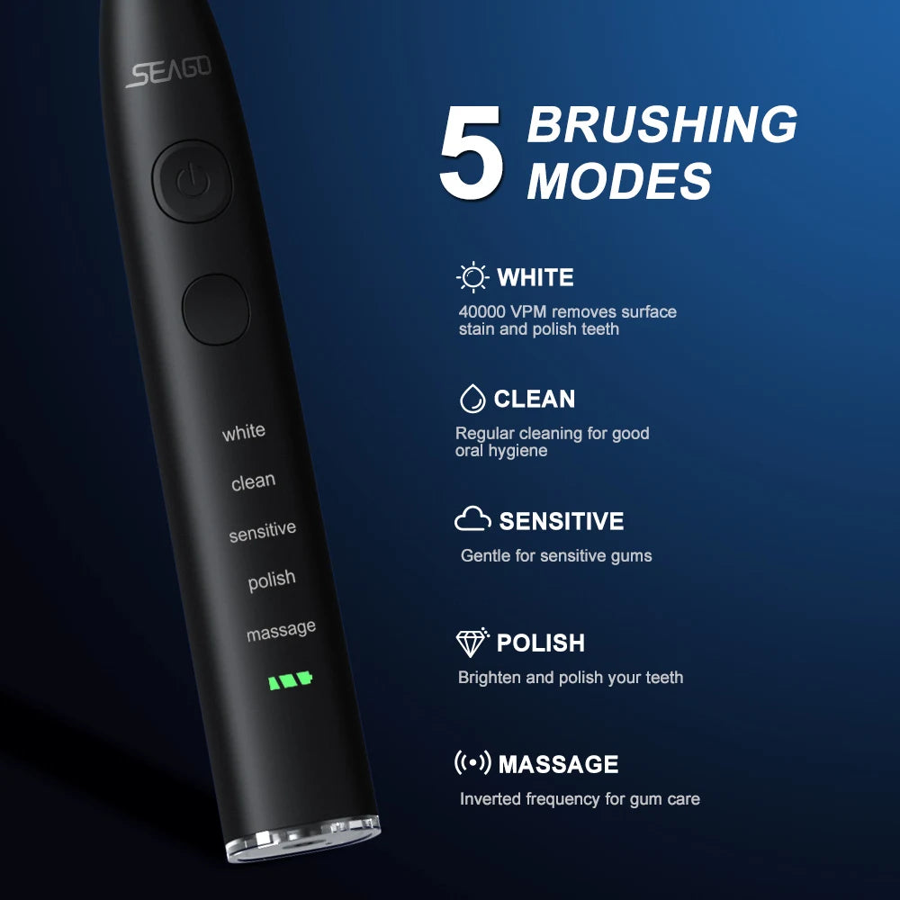 Seago Electric Toothbrush USB Rechargeable Adult 360 Days Long Battery Life IPX7 4 Replacement Heads Travel Box  SG-575