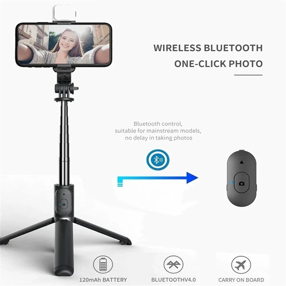 Perche à selfie sans fil avec trépied, lampe et télécommande Bluetooth extensible pour iPhone et streaming TikTok en direct