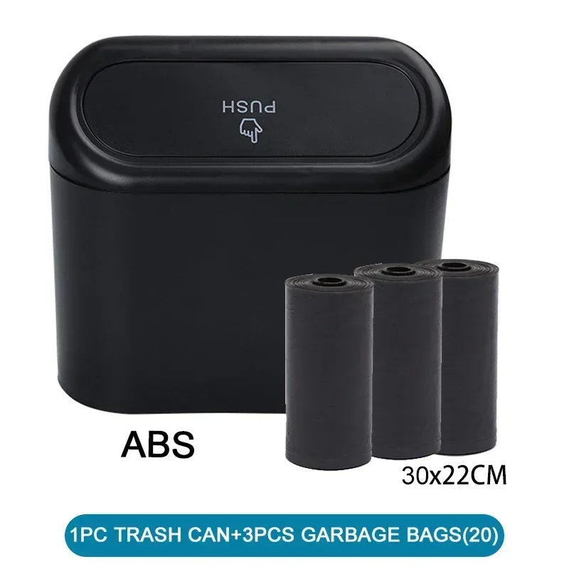 The covered car trash can contains 3 black garbage bags. The small car trash can is leak proof and miniature