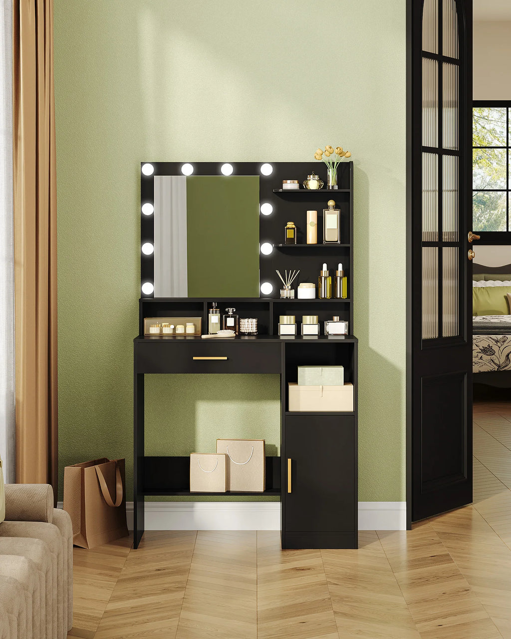 Coiffeuse Hzuaneri avec miroir et 10 lumières LED, meuble-lavabo avec 3 étagères et 4 compartiments ouverts, et grand tiroir