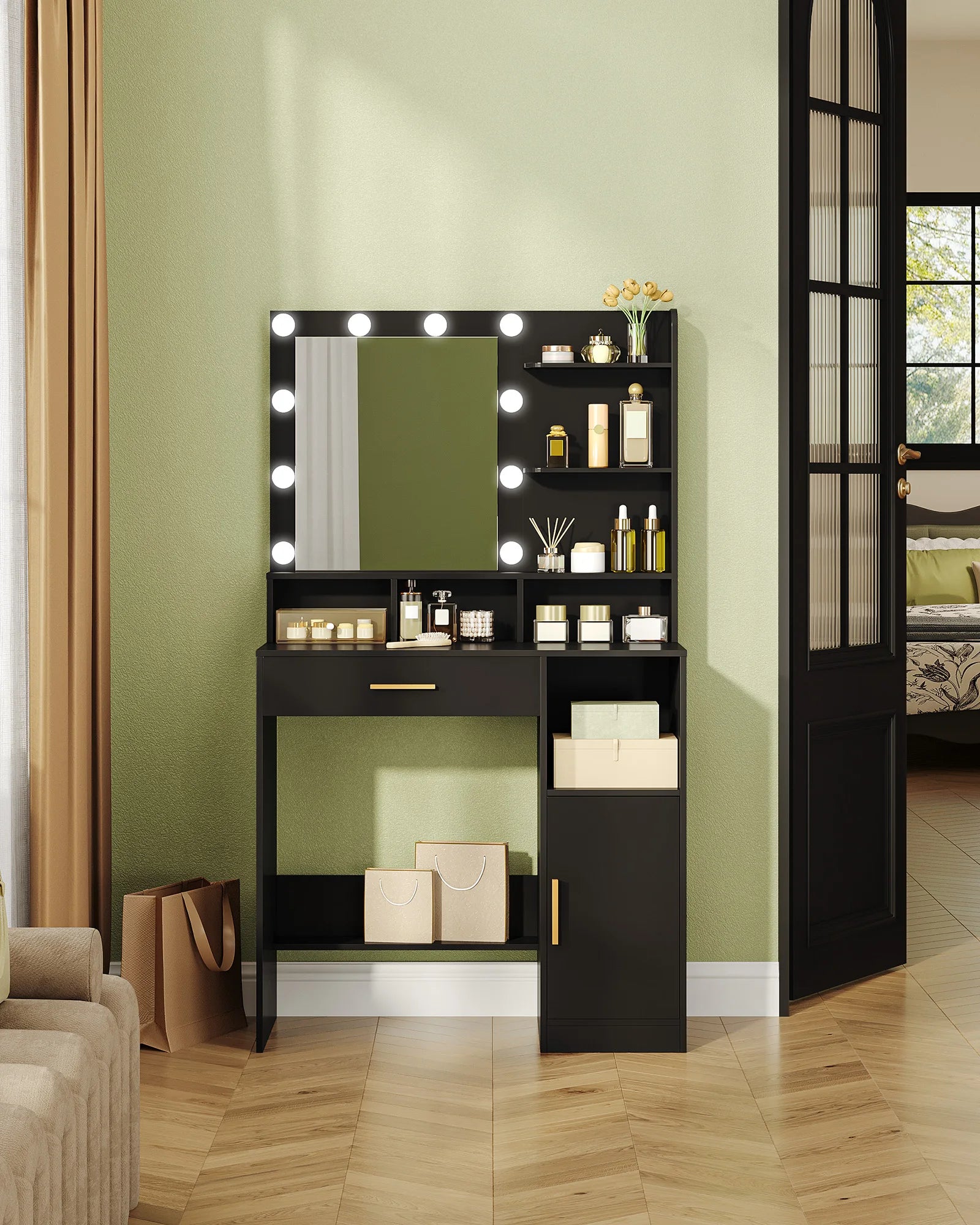 Coiffeuse Hzuaneri avec miroir et 10 lumières LED, meuble-lavabo avec 3 étagères et 4 compartiments ouverts, et grand tiroir