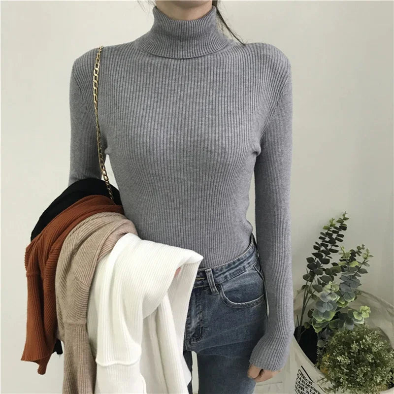 Pull épais tricoté côtelé pour Femme, Pull à manches longues, col roulé, Slim, doux et chaud, collection automne hiver 2024