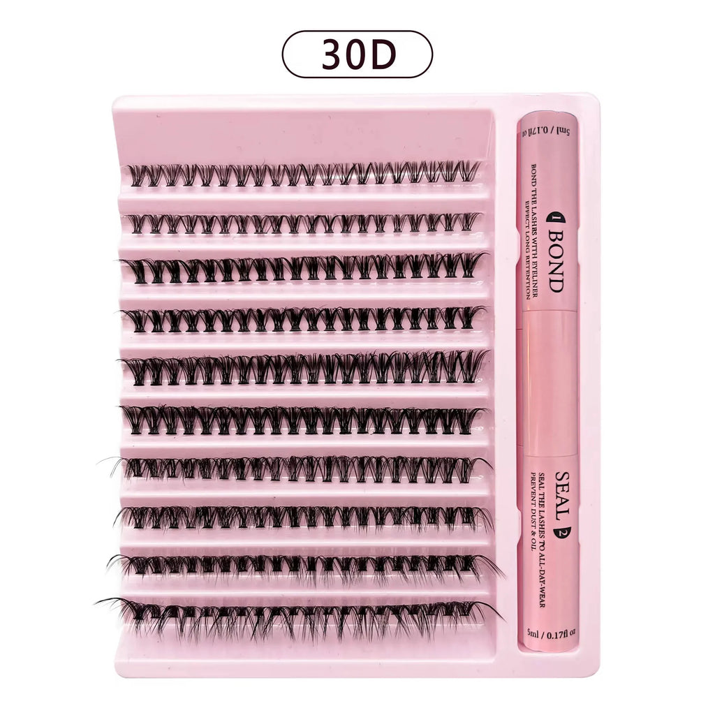 DiY Cluster Lashes Kit 200 Pcs: 8-16mm Mixed, Bond & Seal Glue, Tweezers for Natural Self Application Look