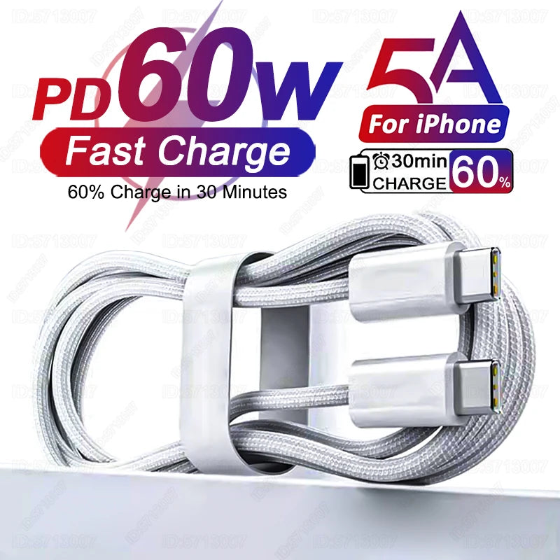 PD 60W chargeur rapide 5A USB C à câble de Type C pour Apple iPhone 16 15 Pro Max Plus charge rapide pour Huawei Samsung Xiaomi câble