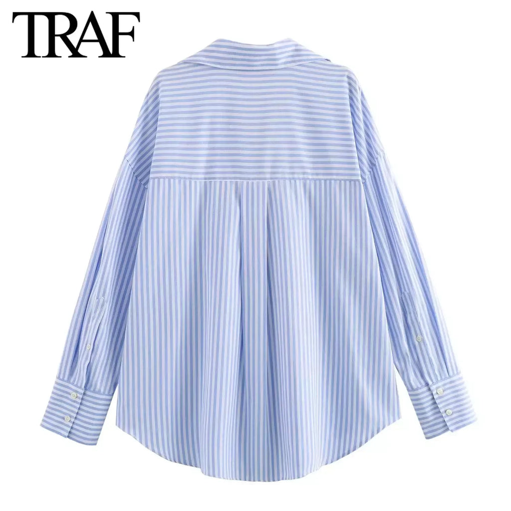TRAF femmes mode printemps coton Oxford à manches longues simple boutonnage revers Blouse vêtements de rue chemise Chic dames hauts Mujer