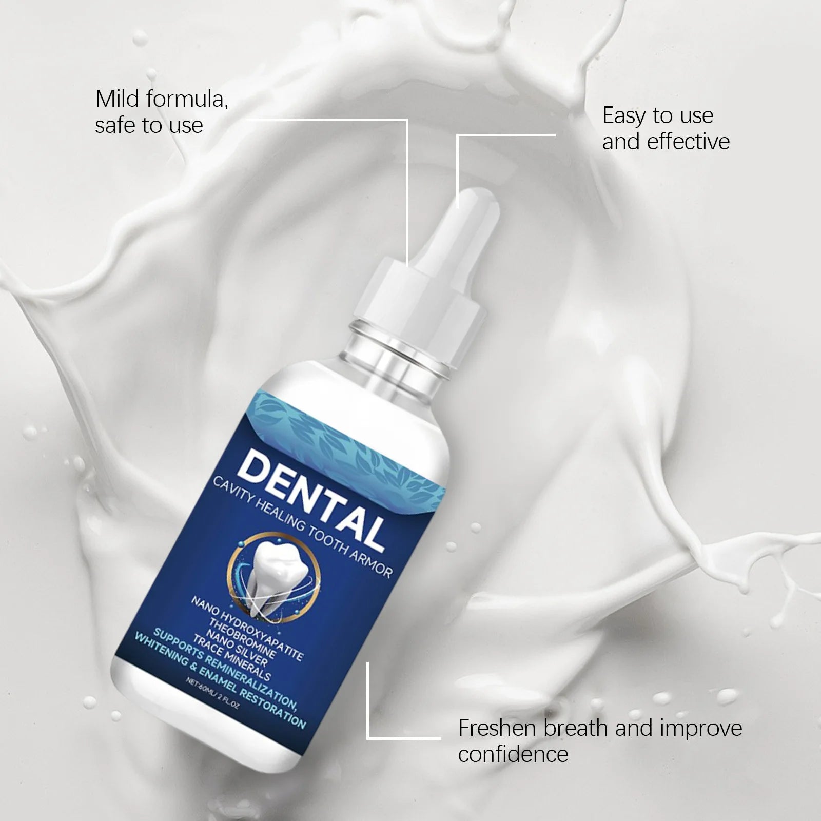 Sérum Oralhoe Soin Dentaire Liquide, Haleine Fraîche Longue Durée, Nettoyage en Profondeur, Hygiène Buccale, Élimine la Plaque, Taches, Sérum Blanchissant pour les Dents 60 ml