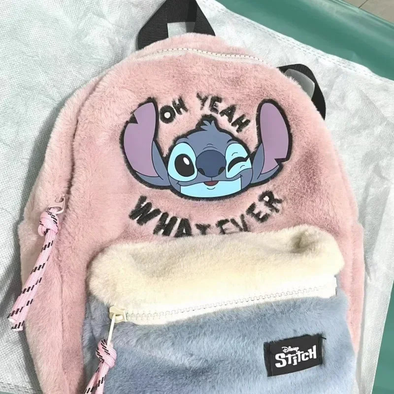 Sac à dos en cuir véritable pour enfants, peluche Disney Stitch, rose, grandes oreilles, tête d'alien, bloc de couleur