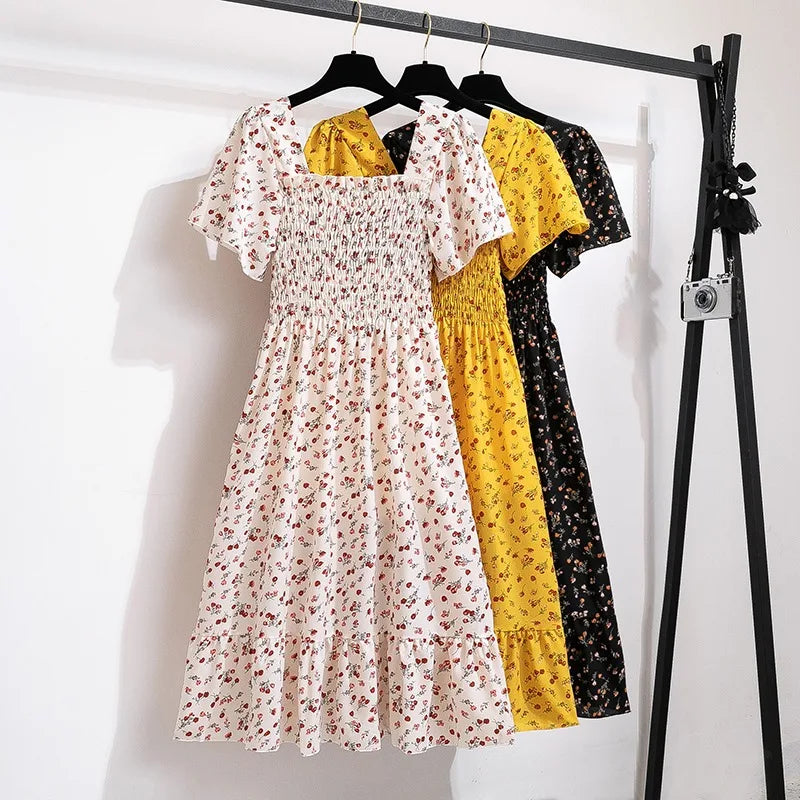 Printemps été robe en mousseline de soie femmes robes mi-longues femme manches courtes taille élastique imprimé fleuri plissé dos nu tenue décontractée