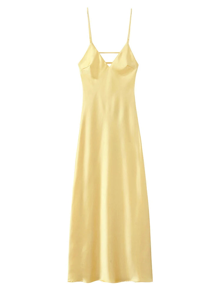 Robe longue dos nu élégante en satin jaune sexy à bretelles, col bandoulière, collection 2025 pour femmes. Peignoirs de plage tendance pour femmes
