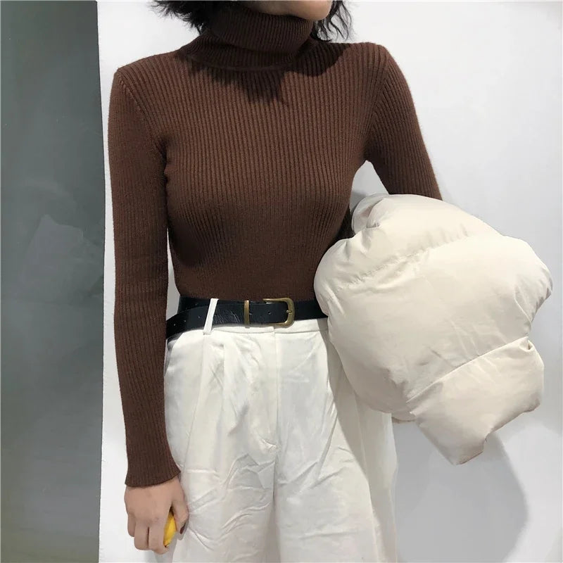 Pull épais tricoté côtelé pour Femme, Pull à manches longues, col roulé, Slim, doux et chaud, collection automne hiver 2024