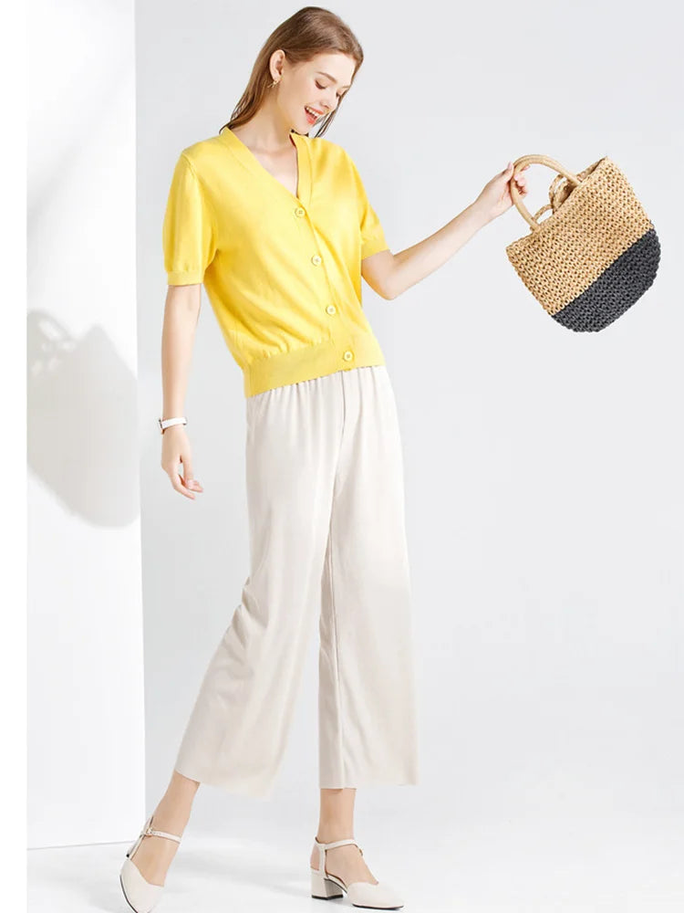 Pantalon à jambes larges pour femmes, longueur cheville, décontracté, couleur unie, taille élastique, ample, en soie glacée, printemps été