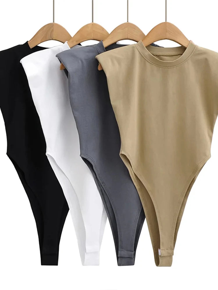 Sexy hauts femmes été une pièce moulante body rembourré épaule body noir sans manches body costumes pour femmes blanc