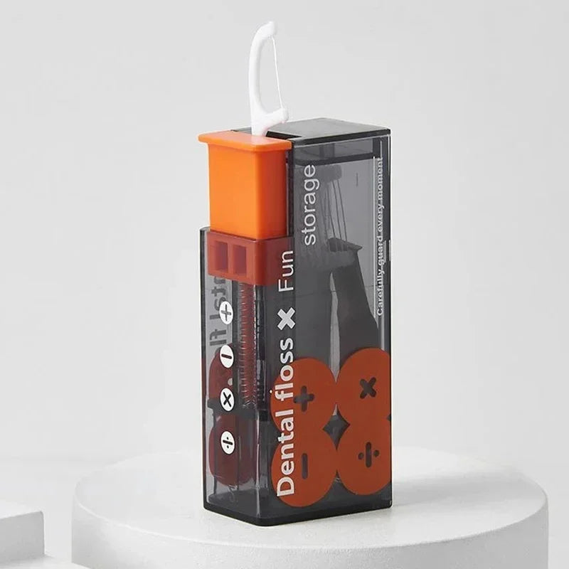 Portable Automatic Floss Dispenser with 10Pcs Press-on Disposable Flossing Sticks Oral Care Ejectable Floss Organizer