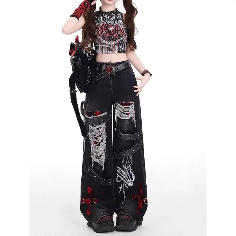 Pantalon en denim ample et décontracté pour fille épicée, style américain, punk rétro lavé, à la mode, polyvalent, décontracté