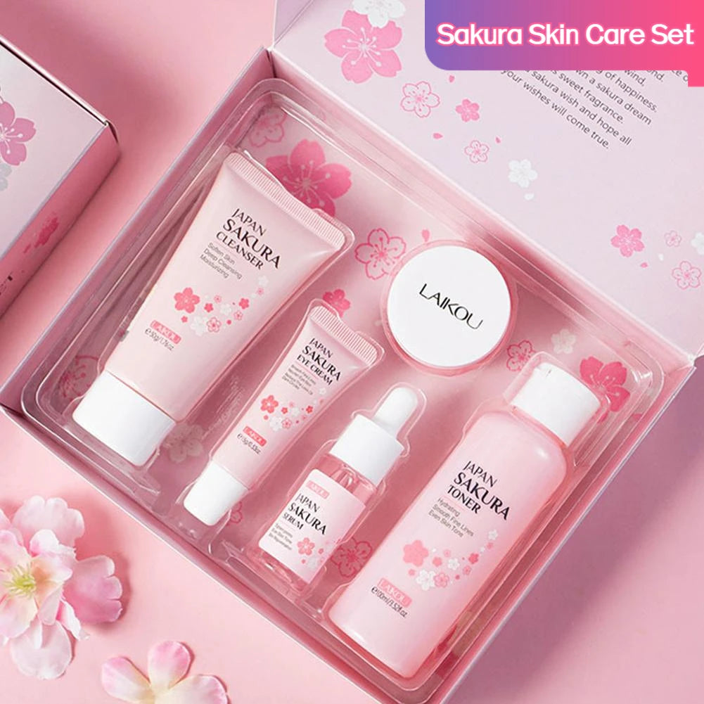 Coffret cadeau Sakura pour le soin du visage (5/3 pièces) : crème, sérum, lotion tonique, nettoyant visage, protection solaire, contour des yeux